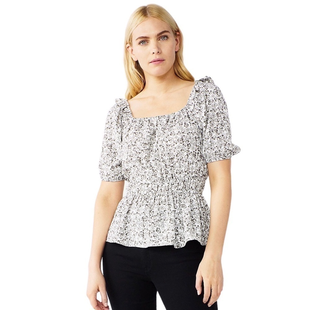 New! Nine West Bohemian Peasant Floral Square Neck Peplum Blouse Top